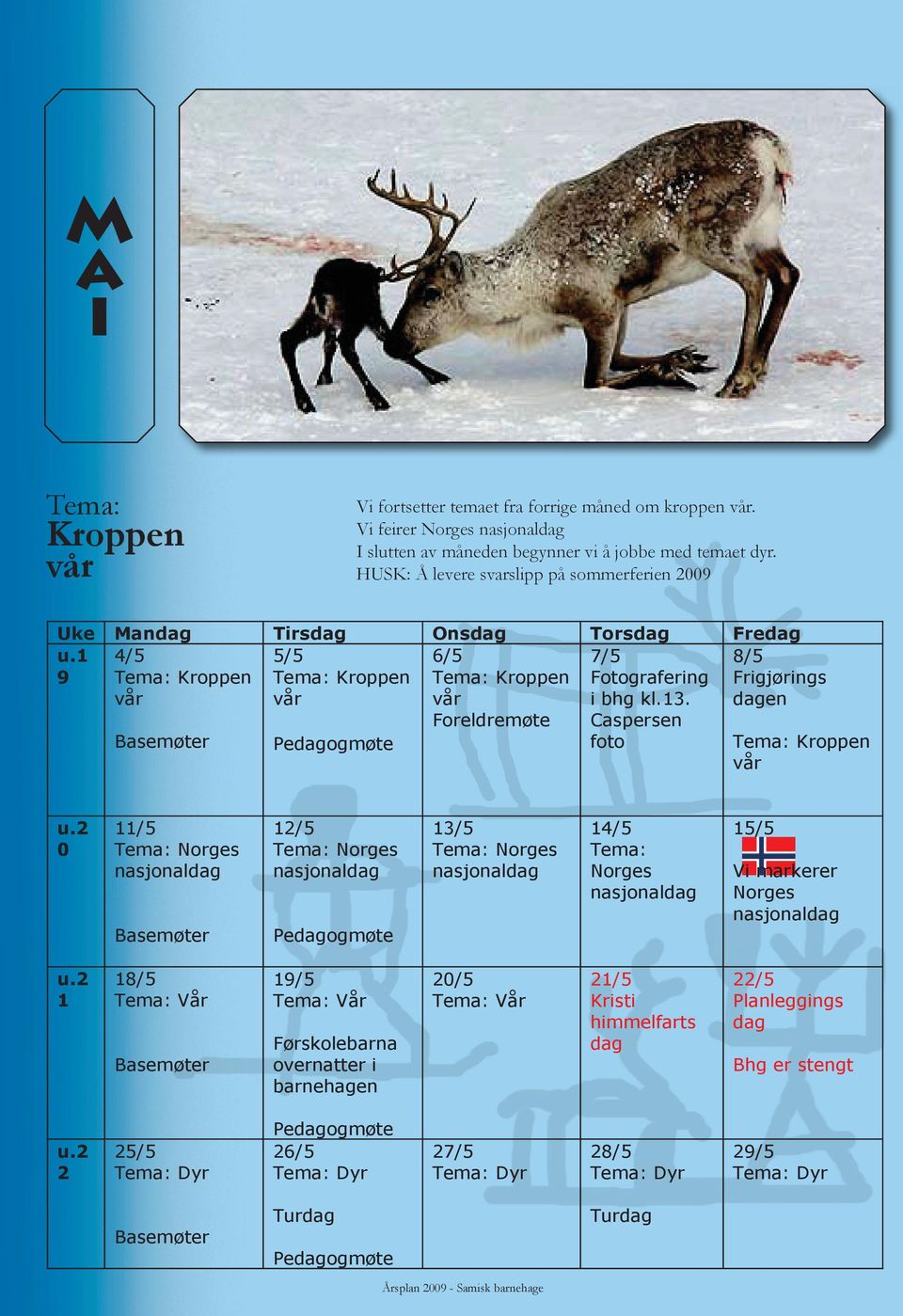 HUSK: Å levere svarslipp på sommerferien 2009 Uke Mandag Tirsdag Onsdag Torsdag Fredag u.