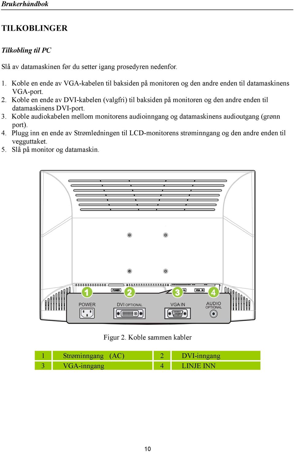 Koble en ende av DVI-kabelen (valgfri) til baksiden på monitoren og den andre enden til datamaskinens DVI-port. 3.