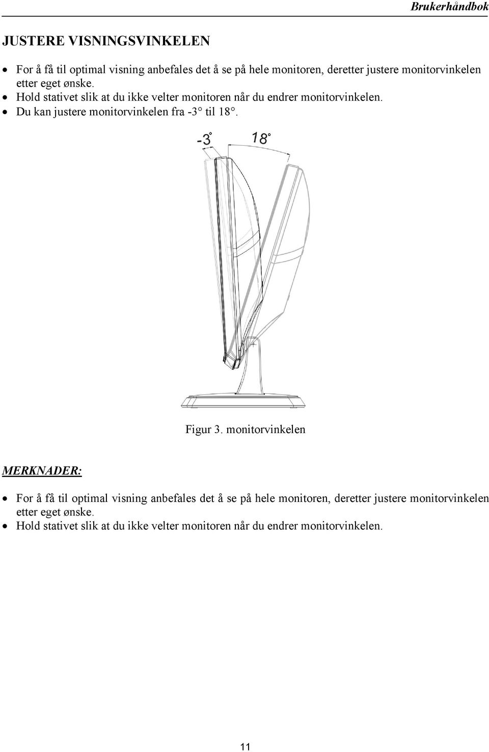 Du kan justere monitorvinkelen fra -3 til 18. Figur 3.