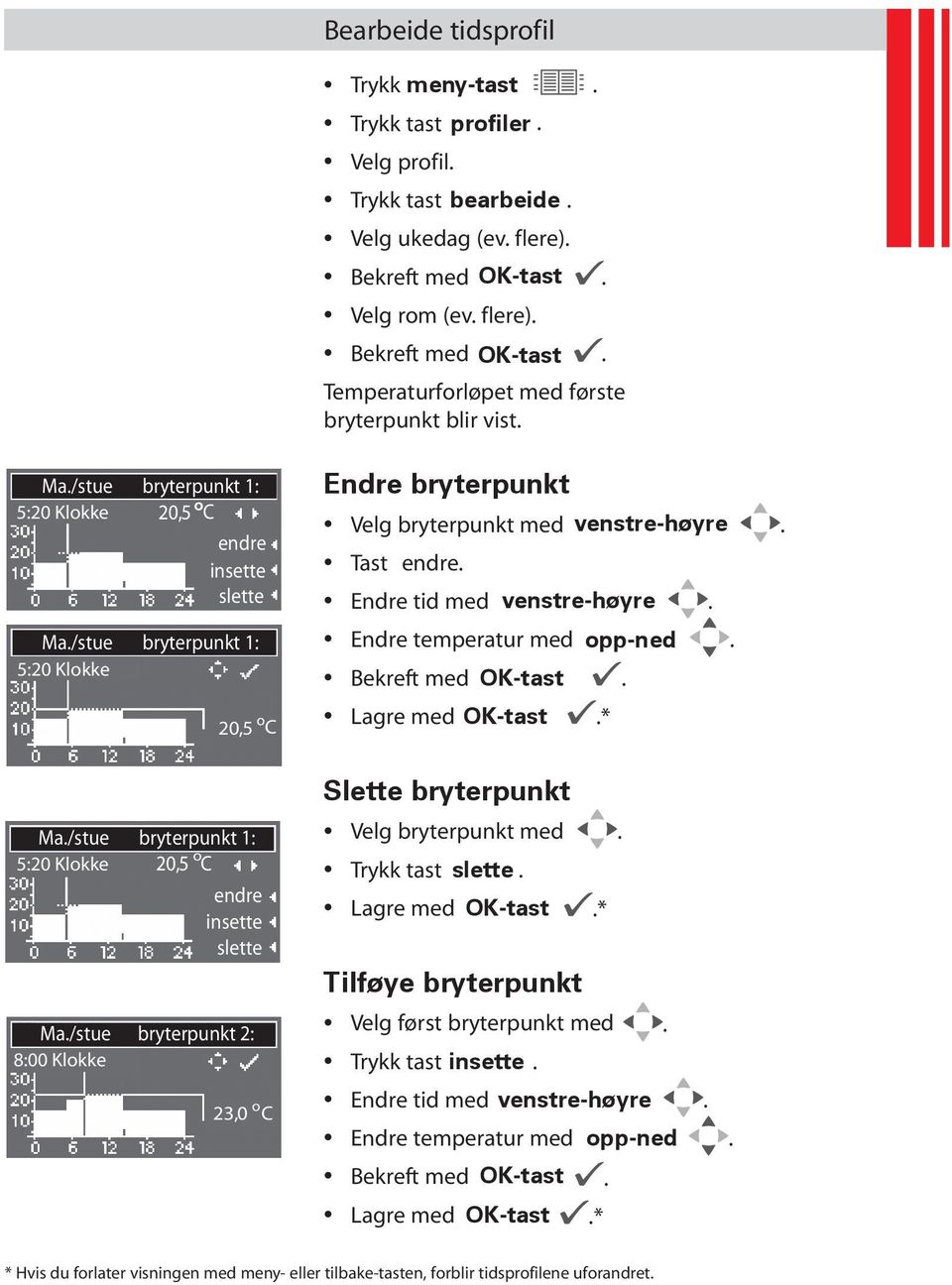 /stue bryterpunkt 2: 8:00 Klkke 23,0 C Endre bryterpunkt Velg bryterpunkt med venstre-høyre. Tast endre. Endre tid med venstre-høyre. Endre temperatur med pp-ned.