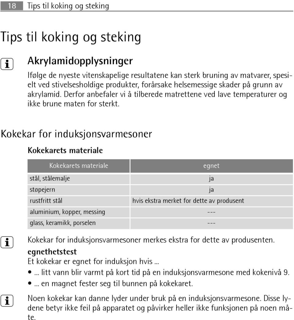 Kokekar for induksjonsvarmesoner Kokekarets materiale Kokekarets materiale egnet stål, stålemalje ja støpejern ja rustfritt stål hvis ekstra merket for dette av produsent aluminium, kopper, messing