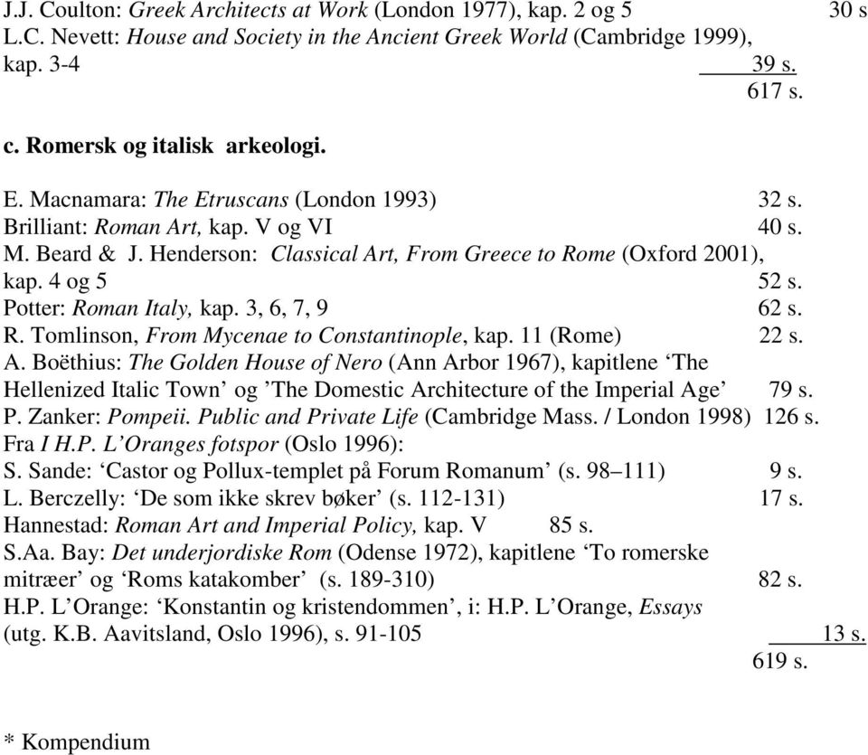 4 og 5 52 s. Potter: Roman Italy, kap. 3, 6, 7, 9 62 s. R. Tomlinson, From Mycenae to Constantinople, kap. 11 (Rome) 22 s. A.