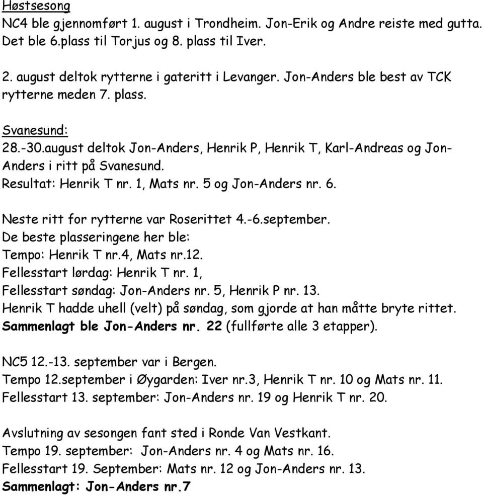 5 og Jon-Anders nr. 6. Neste ritt for rytterne var Roserittet 4.-6.september. De beste plasseringene her ble: Tempo: Henrik T nr.4, Mats nr.12. Fellesstart lørdag: Henrik T nr.