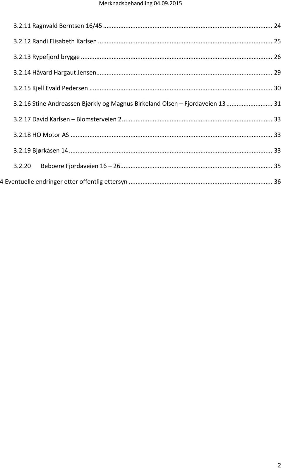 .. 31 3.2.17 David Karlsen Blomsterveien 2... 33 3.2.18 HO Motor AS... 33 3.2.19 Bjørkåsen 14... 33 3.2.20 Beboere Fjordaveien 16 26.