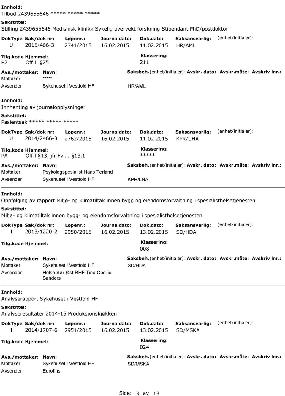 : Mottaker nnhold: nnhenting av journalopplysninger Pasientsak 2014/2466-3 2762/2015 KPR/HA Avs./mottaker: Navn: Saksbeh. Avskr. dato: Avskr.