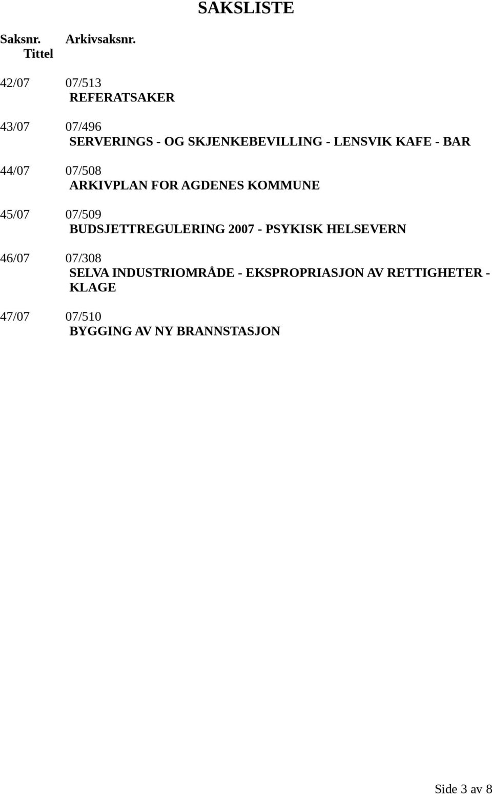 BAR 44/07 07/508 ARKIVPLAN FOR AGDENES KOMMUNE 45/07 07/509 BUDSJETTREGULERING 2007 -