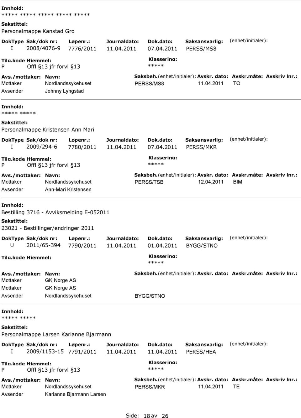 2011 BM Ann-Mari Kristensen nnhold: Bestilling 3716 - Avviksmelding E-052011 23021 - Bestillinger/endringer 2011 2011/65-394 7790/2011 01.04.2011 Avs./mottaker: Navn: Saksbeh. Avskr.