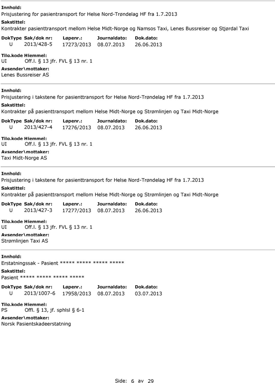 2013 Prisjustering i takstene for pasienttransport for Helse Nord-Trøndelag HF fra 1.7.