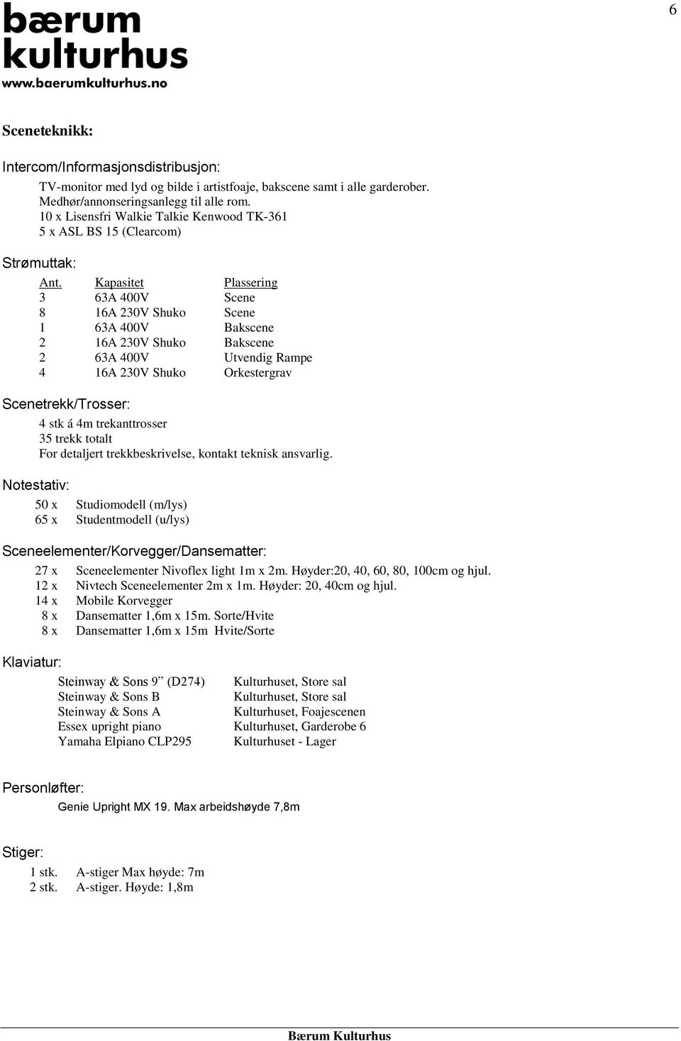 Kapasitet Plassering 3 63A 400V Scene 8 16A 30V Shuko Scene 1 63A 400V Bakscene 16A 30V Shuko Bakscene 63A 400V Utvendig Rampe 4 16A 30V Shuko Orkestergrav Scenetrekk/Trosser: 4 stk á 4m