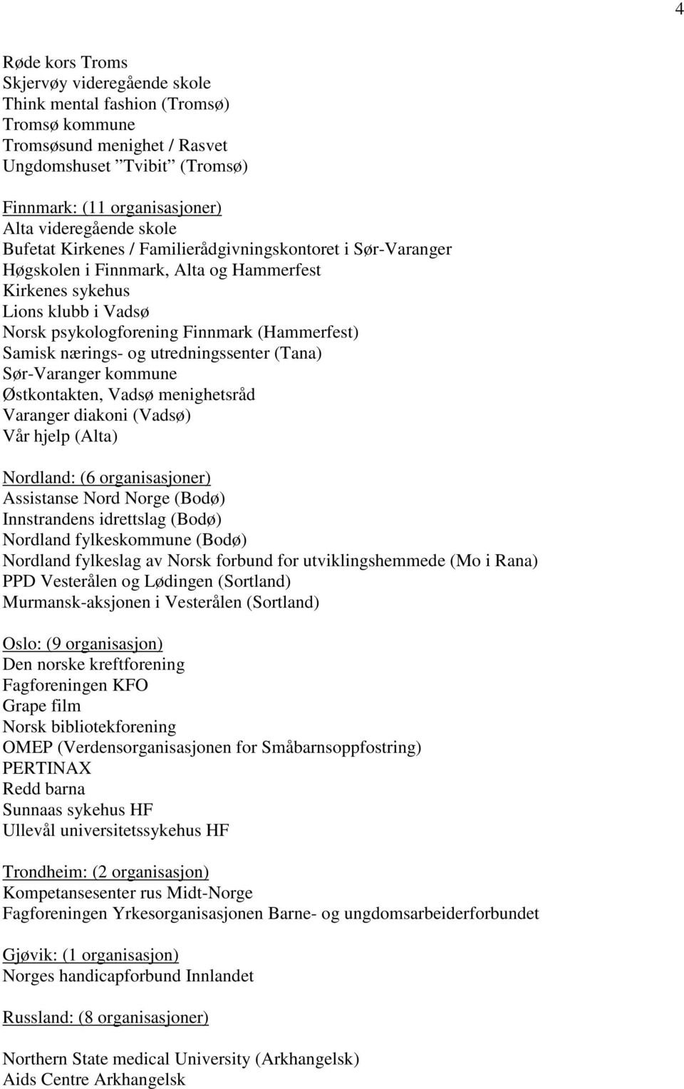 nærings- og utredningssenter (Tana) Sør-Varanger kommune Østkontakten, Vadsø menighetsråd Varanger diakoni (Vadsø) Vår hjelp (Alta) Nordland: (6 organisasjoner) Assistanse Nord Norge (Bodø)