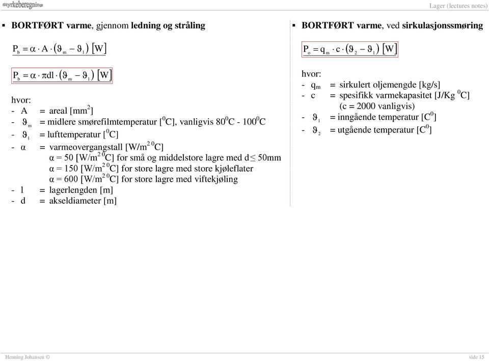 lagre med d 50mm α = 150 [W/m 2 0 C] for store lagre med store kjøleflater α = 600 [W/m 2 0 C] for store lagre med viftekjøling - l = lagerlengden [m] - d = akseldiameter [m] hvor: - q m