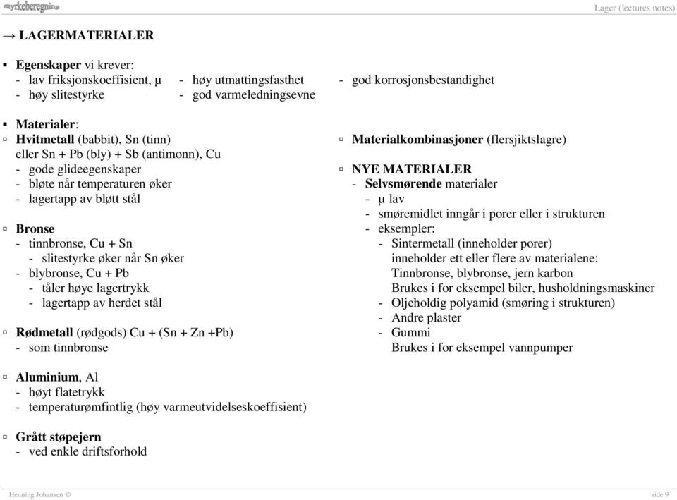 Cu + Pb - tåler høye lagertrykk - lagertapp av herdet stål Rødmetall (rødgods) Cu + (Sn + Zn +Pb) - som tinnbronse Materialkombinasjoner (flersjiktslagre) NYE MATERIALER - Selvsmørende materialer - µ