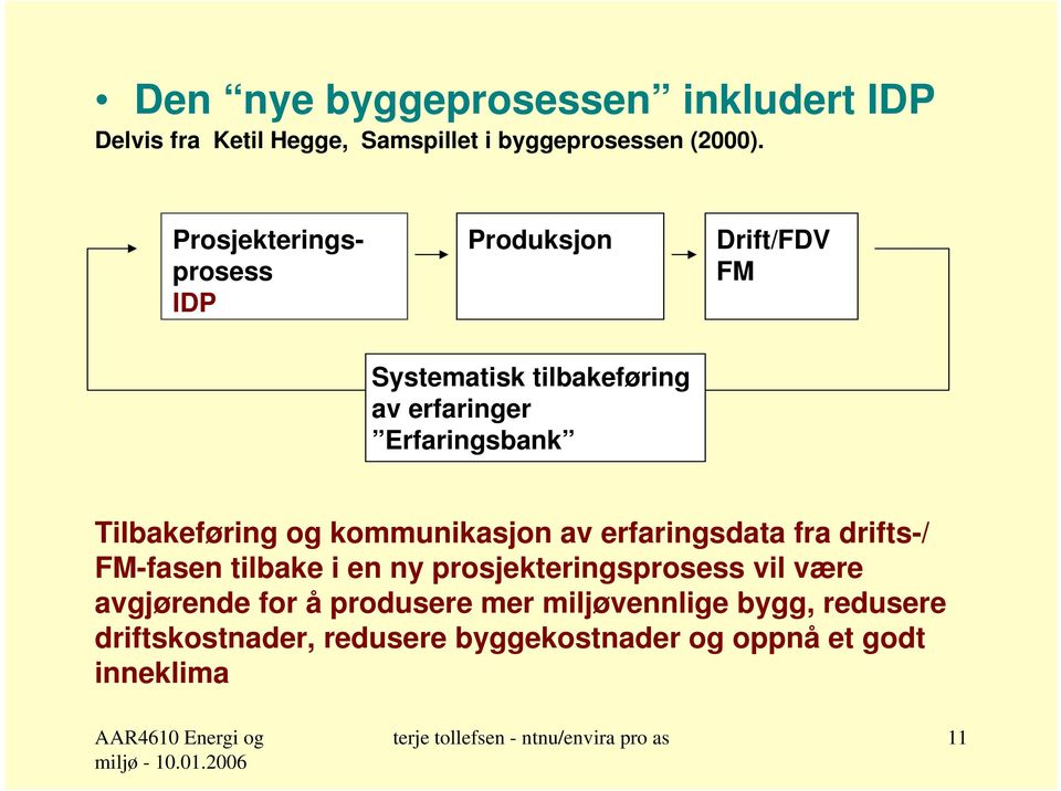 kommunikasjon av erfaringsdata fra drifts-/ FM-fasen tilbake i en ny prosjekteringsprosess vil være avgjørende for å