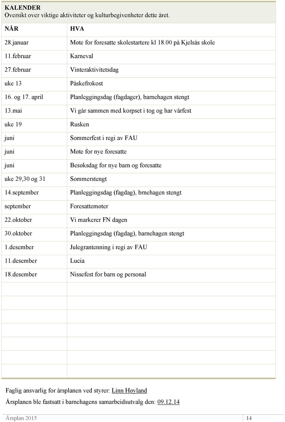 mai Vi går sammen med korpset i tog og har vårfest uke 19 Rusken juni Sommerfest i regi av FAU juni Møte for nye foresatte juni Besøksdag for nye barn og foresatte uke 29,30 og 31 Sommerstengt 14.