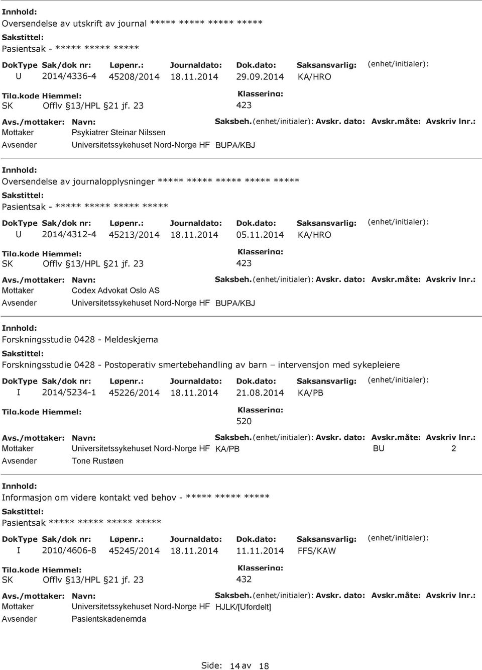 2014 Mottaker Codex Advokat Oslo AS niversitetssykehuset Nord-Norge HF BA/KBJ Forskningsstudie 0428 - Meldeskjema Forskningsstudie 0428 - ostoperativ smertebehandling av barn intervensjon med