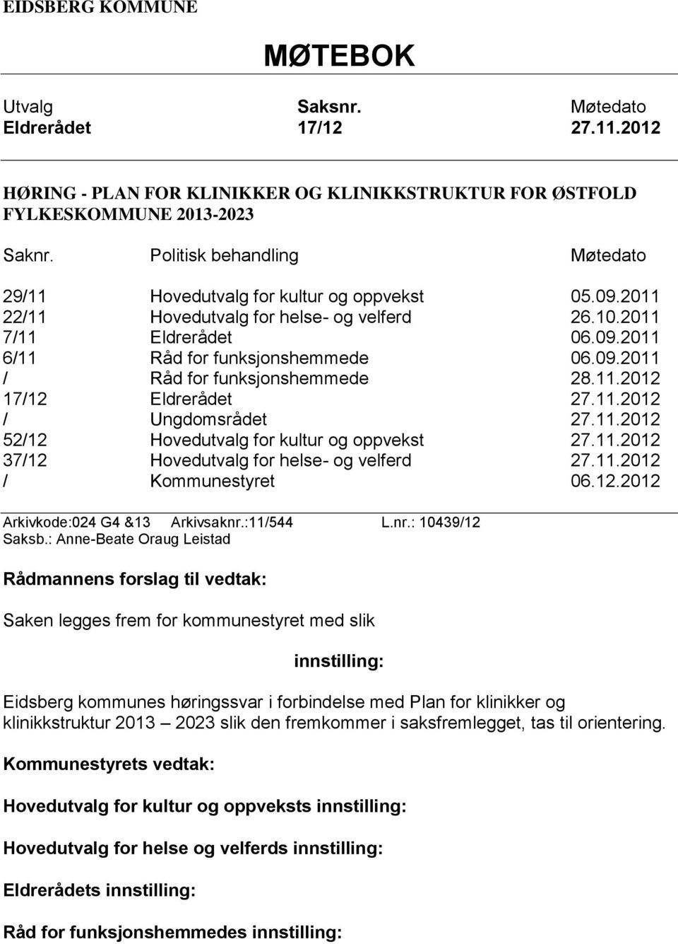 11.2012 17/12 Eldrerådet 27.11.2012 / Ungdomsrådet 27.11.2012 52/12 Hovedutvalg for kultur og oppvekst 27.11.2012 37/12 Hovedutvalg for helse- og velferd 27.11.2012 / Kommunestyret 06.12.2012 Arkivkode:024 G4 &13 Arkivsaknr.