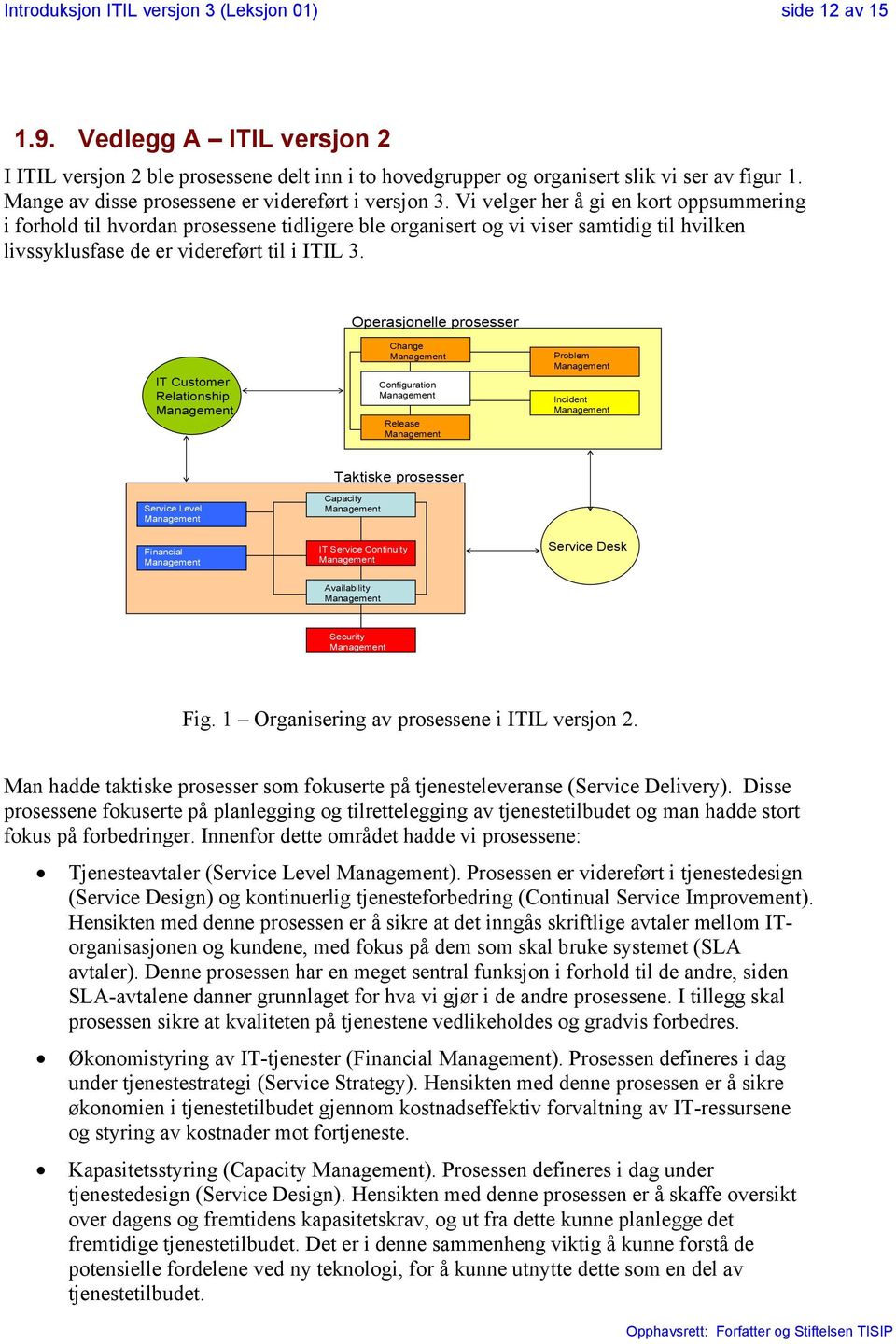 Vi velger her å gi en kort oppsummering i forhold til hvordan prosessene tidligere ble organisert og vi viser samtidig til hvilken livssyklusfase de er videreført til i ITIL 3.