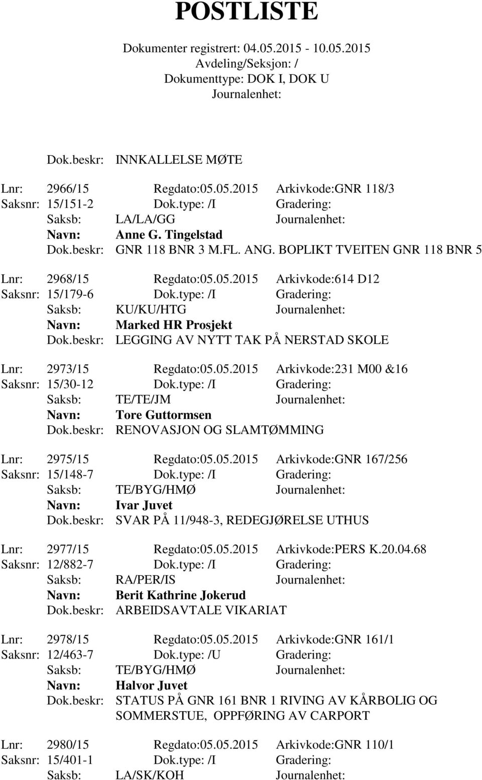 beskr: LEGGING AV NYTT TAK PÅ NERSTAD SKOLE Lnr: 2973/15 Regdato:05.05.2015 Arkivkode:231 M00 &16 Saksnr: 15/30-12 Dok.type: /I Gradering: Saksb: TE/TE/JM Navn: Tore Guttormsen Dok.