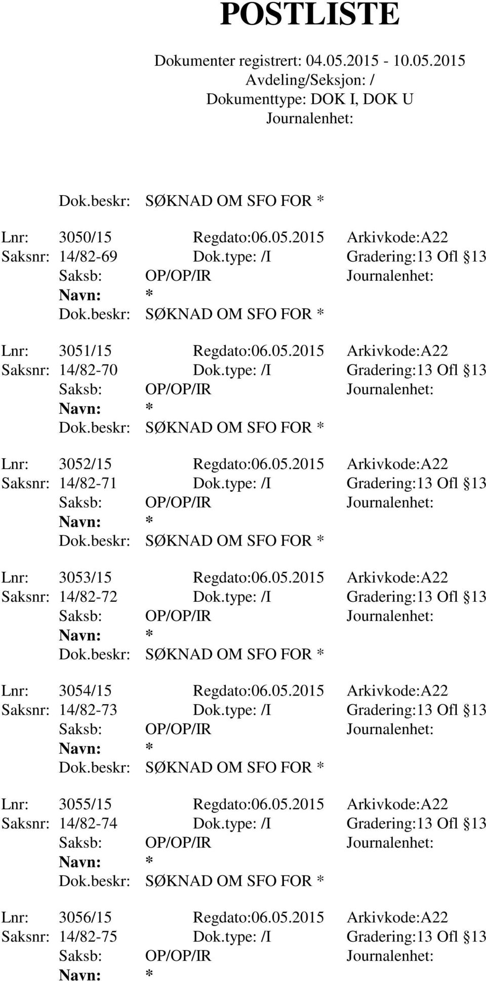 type: /I Gradering:13 Ofl 13 Lnr: 3054/15 Regdato:06.05.2015 Arkivkode:A22 Saksnr: 14/82-73 Dok.type: /I Gradering:13 Ofl 13 Lnr: 3055/15 Regdato:06.05.2015 Arkivkode:A22 Saksnr: 14/82-74 Dok.