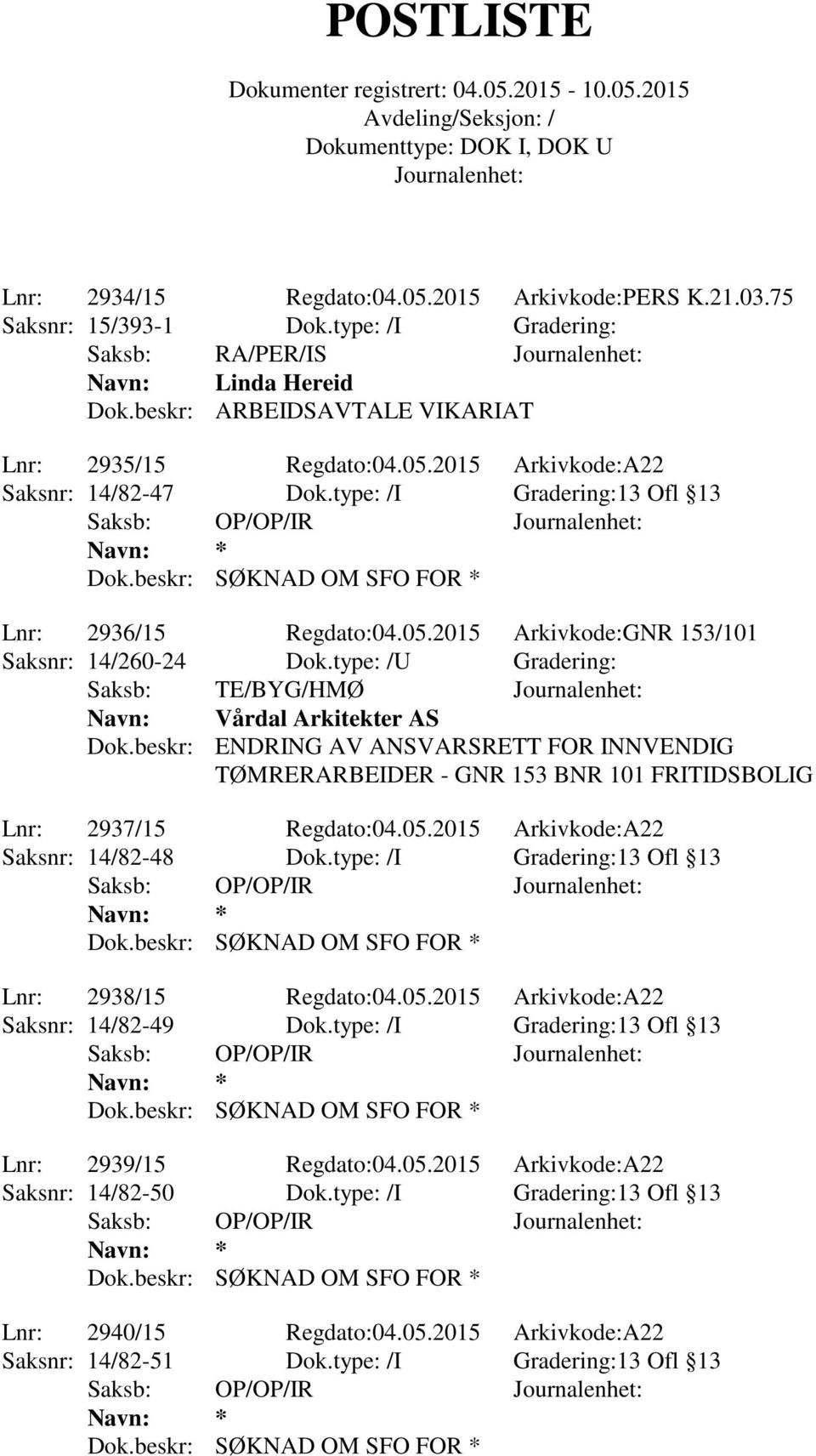 beskr: ENDRING AV ANSVARSRETT FOR INNVENDIG TØMRERARBEIDER - GNR 153 BNR 101 FRITIDSBOLIG Lnr: 2937/15 Regdato:04.05.2015 Arkivkode:A22 Saksnr: 14/82-48 Dok.