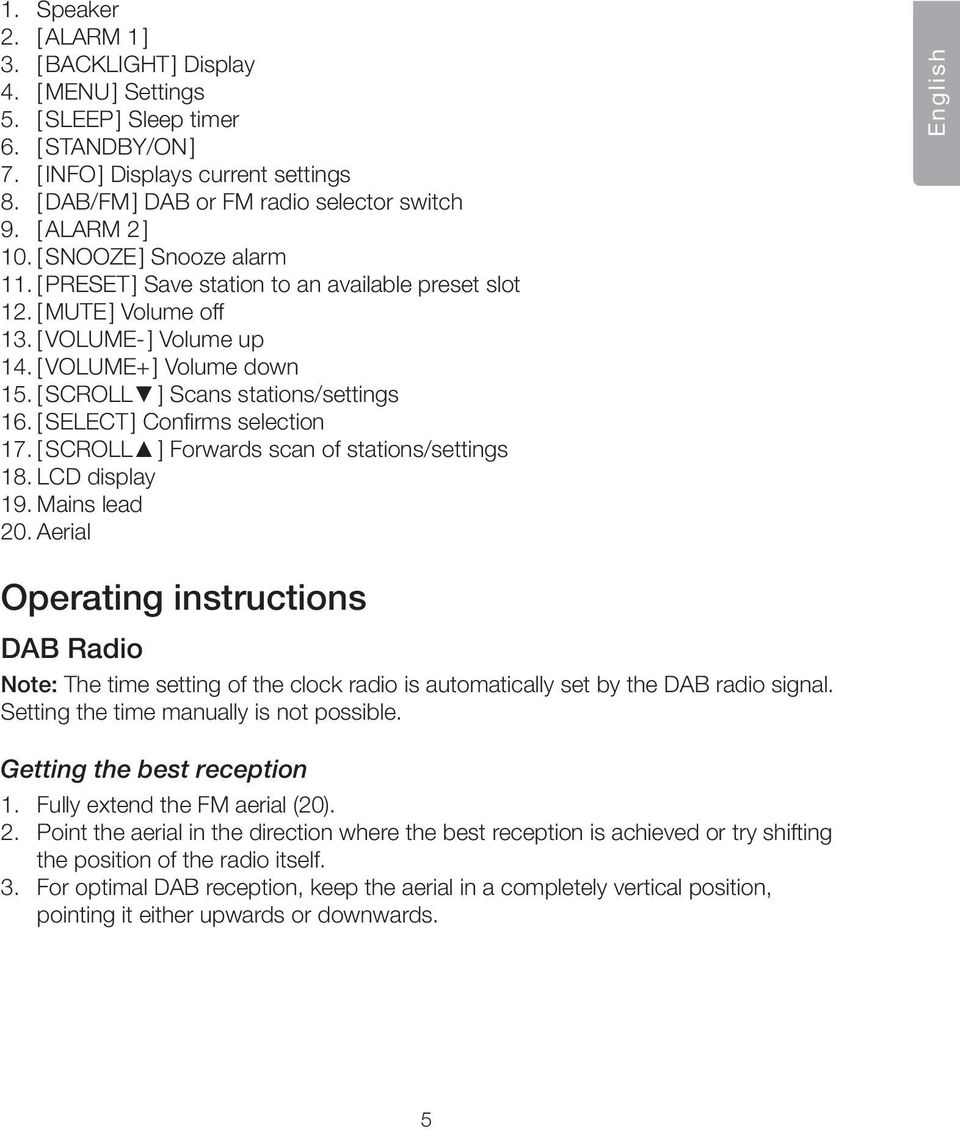 [ VOLUME+ ] Volume down 15. [ SCROLL ] Scans stations/settings 16. [ SELECT ] Confirms selection 17. [ SCROLL ] Forwards scan of stations/settings 18. LCD display 19. Mains lead 20.