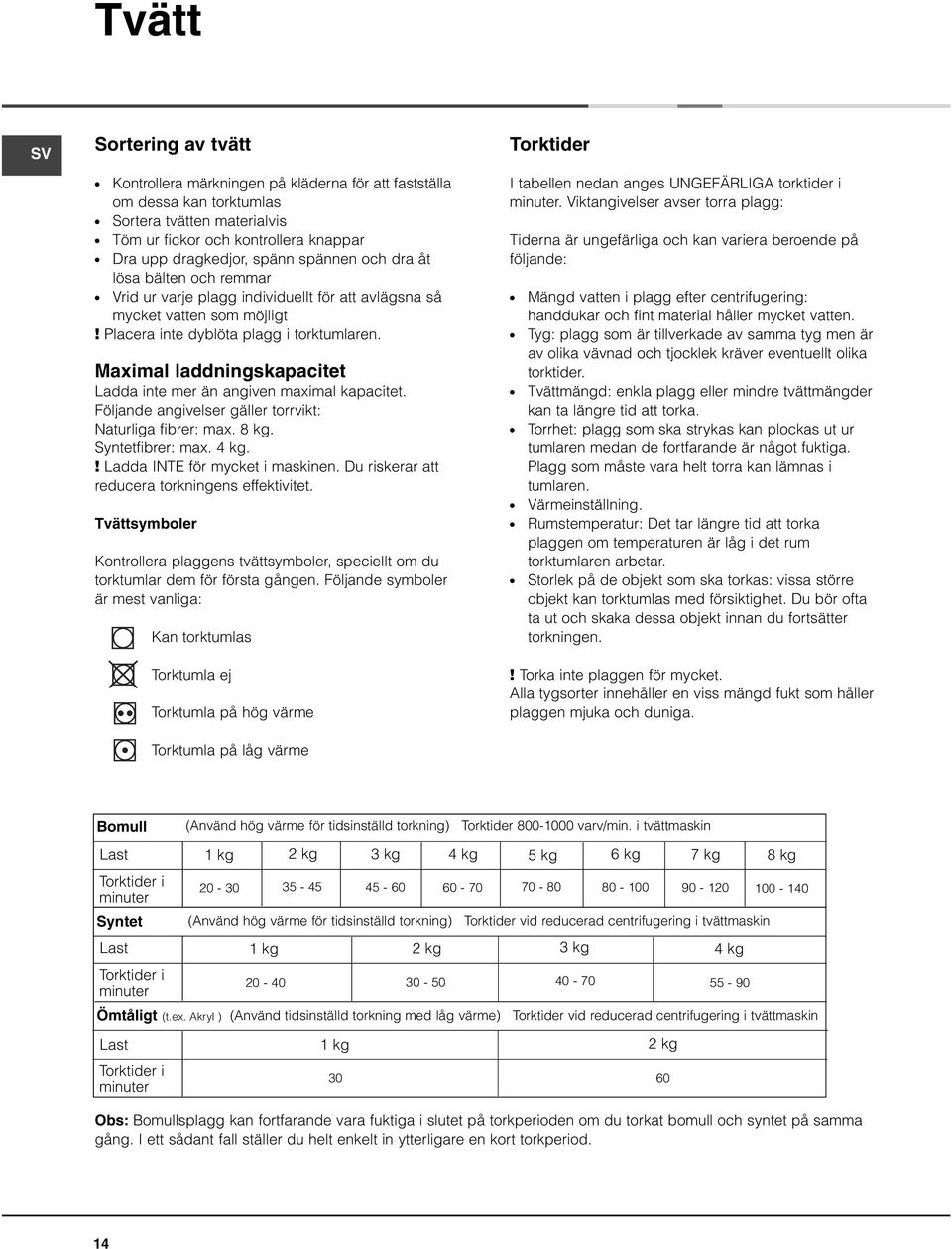 Maximal laddningskapacitet Ladda inte mer än angiven maximal kapacitet. Följande angivelser gäller torrvikt: Naturliga fibrer: max. 8 kg. Syntetfibrer: max. 4 kg.! Ladda INTE för mycket i maskinen.