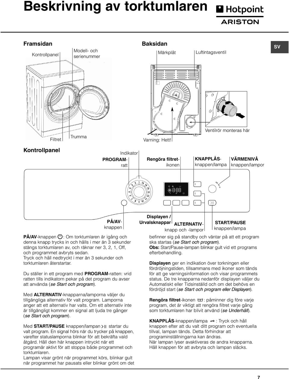 trycks in och hålls i mer än 3 sekunder stängs torktumlaren av, och räknar ner 3, 2, 1, Off, och programmet avbryts sedan. Tryck och håll nedtryckt i mer än 3 sekunder och torktumlaren återstartar.