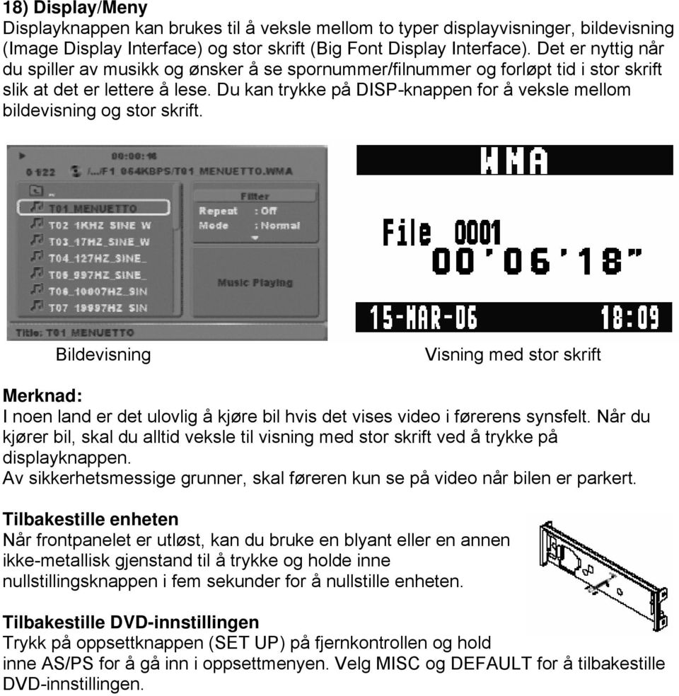 Du kan trykke på DISP-knappen for å veksle mellom bildevisning og stor skrift.