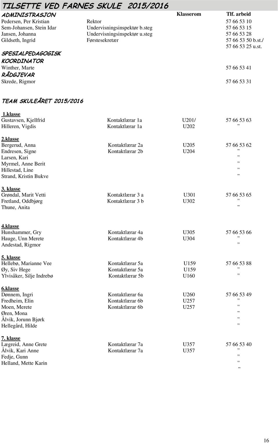 klasse Gustavsen, Kjellfrid Kontaktlærar 1a U201/ 57 66 53 63 Hilleren, Vigdis Kontaktlærar 1a U202 2.