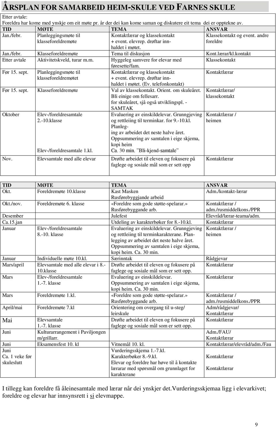 lærar/kl.kontakt Etter avtale Aktivitetskveld, turar m.m. Hyggeleg samvere for elevar med Klassekontakt føresette/fam. Før 15. sept.