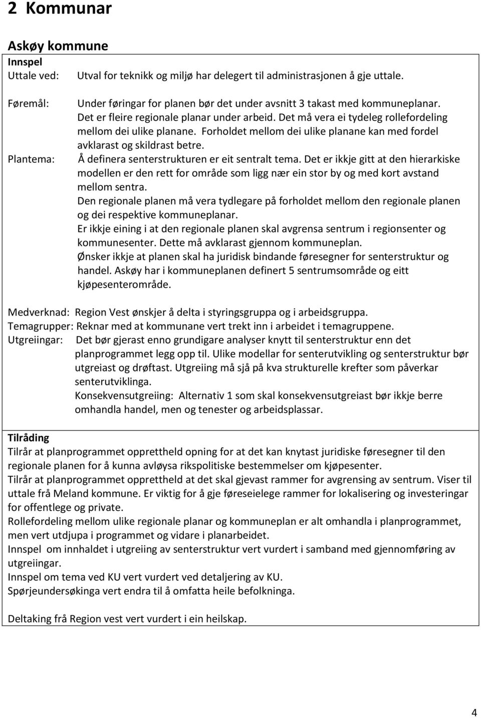 Å definera senterstrukturen er eit sentralt tema. Det er ikkje gitt at den hierarkiske modellen er den rett for område som ligg nær ein stor by og med kort avstand mellom sentra.