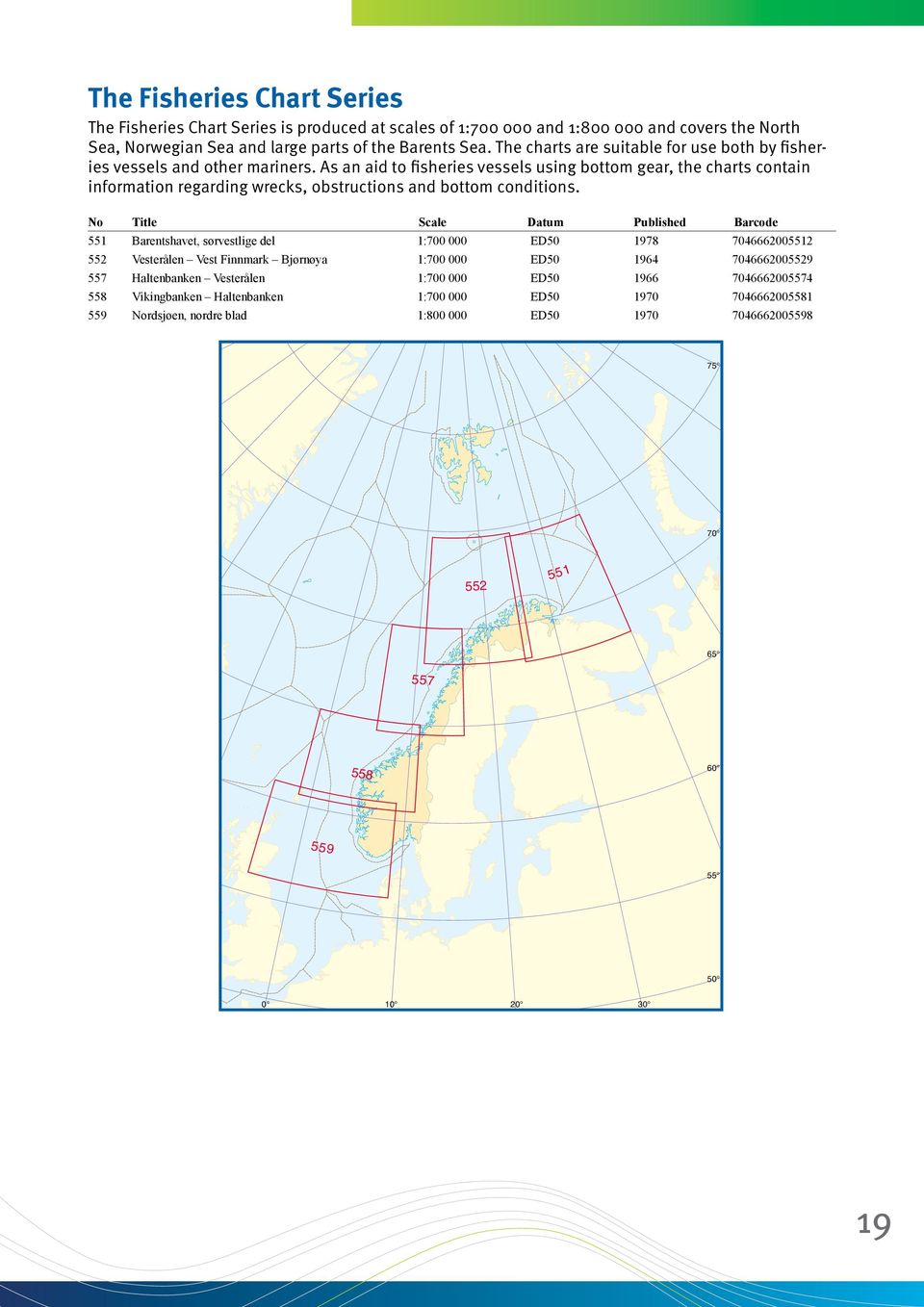 As an aid to fisheries vessels using bottom gear, the charts contain information regarding wrecks, obstructions and bottom conditions.