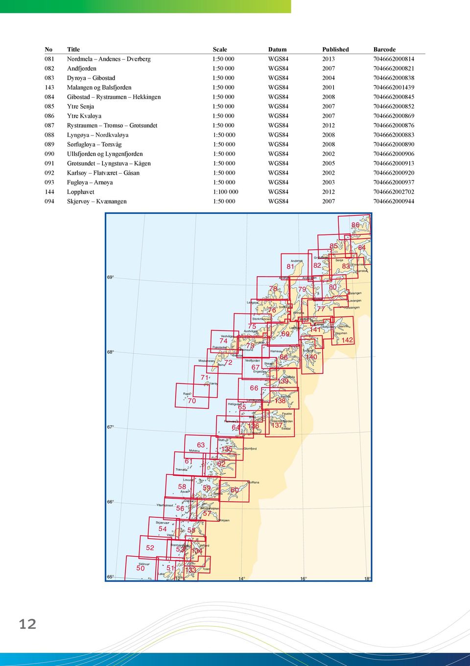 Ytre Kvaløya 1:50 000 WGS84 2007 7046662000869 087 Rystraumen Tromsø Grøtsundet 1:50 000 WGS84 2012 7046662000876 088 Lyngøya Nordkvaløya 1:50 000 WGS84 2008 7046662000883 089 Sørfugløya Torsvåg 1:50
