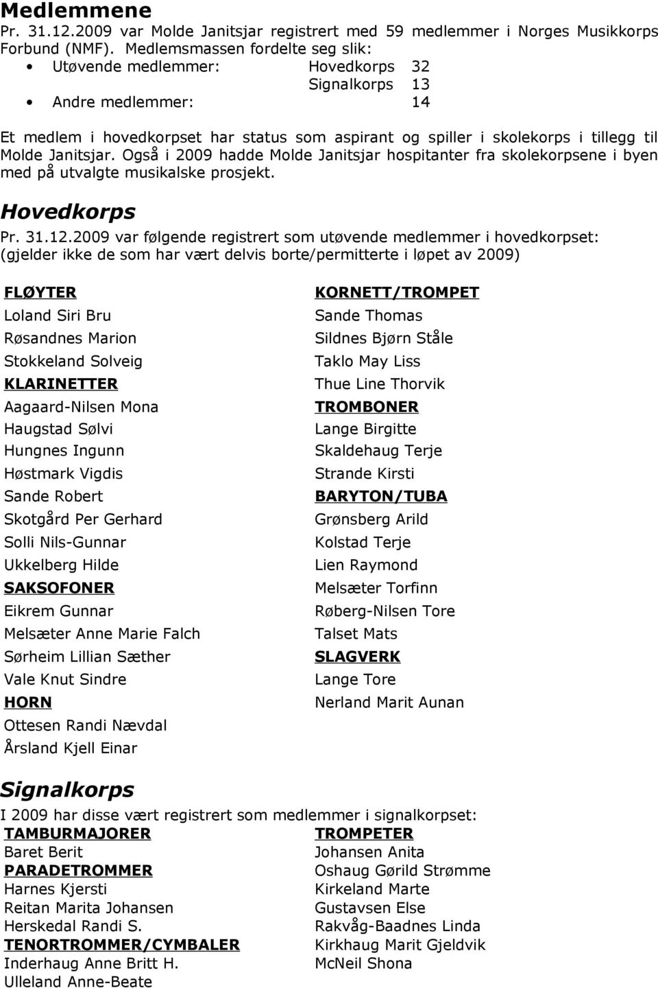 skolekorps i tillegg til Molde Janitsjar. Også i 2009 hadde Molde Janitsjar hospitanter fra skolekorpsene i byen med på utvalgte musikalske prosjekt. Hovedkorps Pr. 31.12.