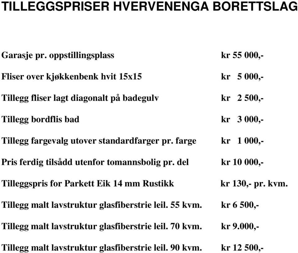bad kr 3 000,- Tillegg fargevalg utover standardfarger pr. farge kr 1 000,- Pris ferdig tilsådd utenfor tomannsbolig pr.