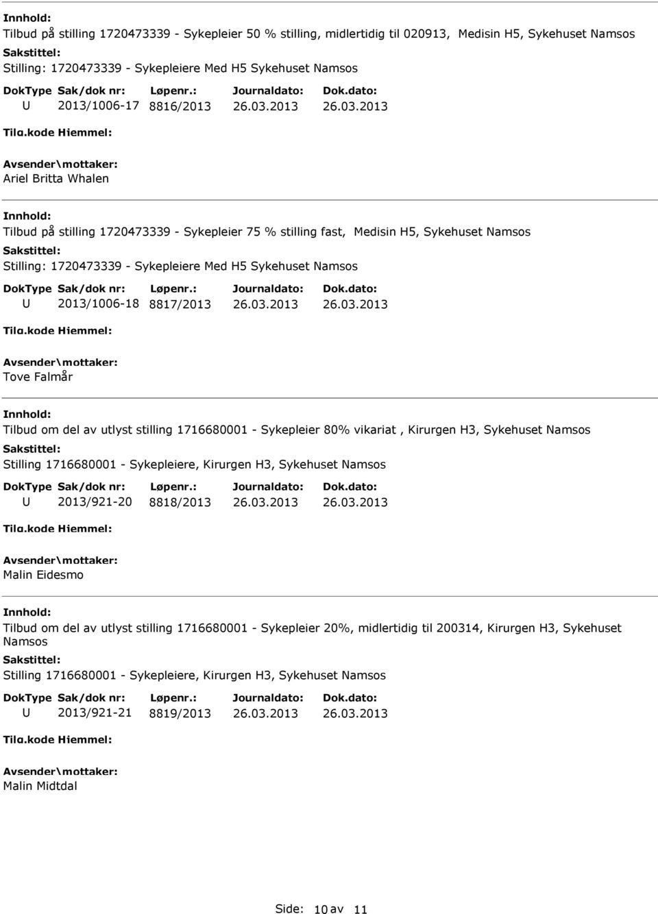 Tilbud om del av utlyst stilling 1716680001 - Sykepleier 80% vikariat, Kirurgen H3, Sykehuset Namsos Stilling 1716680001 - Sykepleiere, Kirurgen H3, Sykehuset Namsos 2013/921-20 8818/2013 Malin