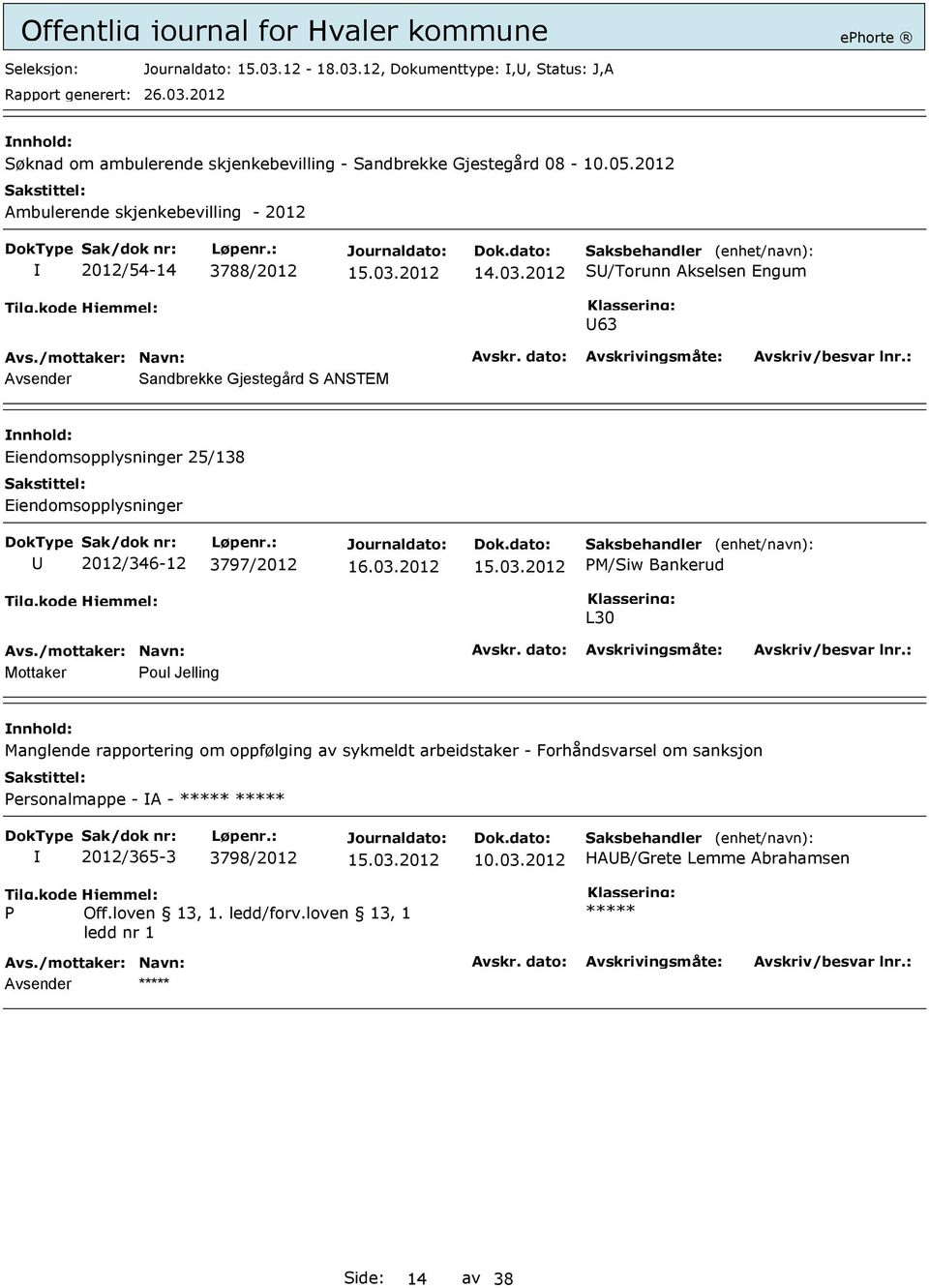 Eiendomsopplysninger 2012/346-12 3797/2012 PM/Siw Bankerud L30 Mottaker Poul Jelling Manglende rapportering om oppfølging av sykmeldt arbeidstaker -