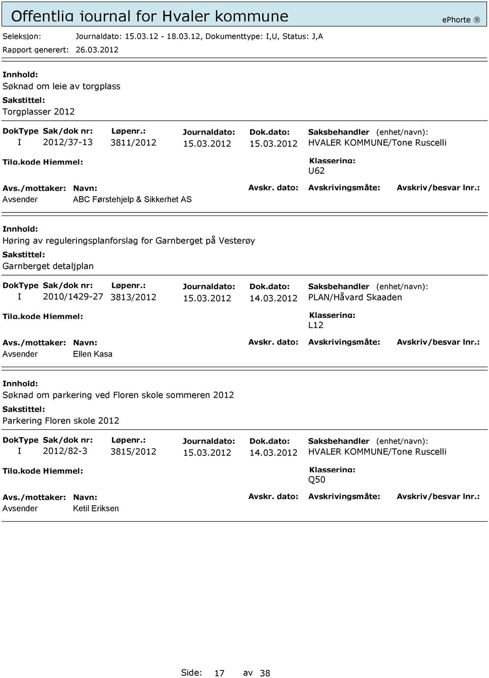 12, Dokumenttype:,, Status: J,A Søknad om leie av torgplass Torgplasser 2012 2012/37-13 3811/2012 HVALER KOMMNE/Tone Ruscelli