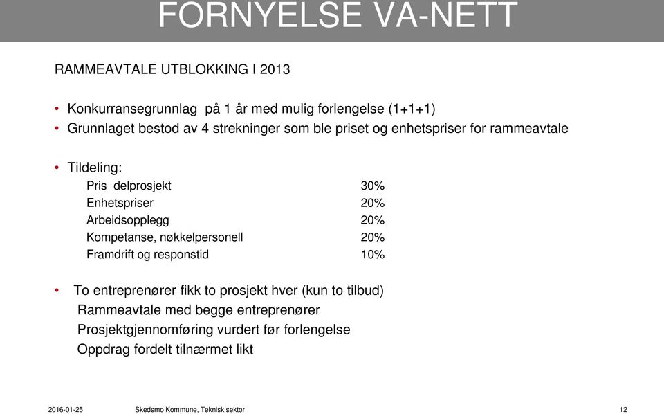 nøkkelpersonell 20% Framdrift og responstid 10% To entreprenører fikk to prosjekt hver (kun to tilbud) Rammeavtale med begge