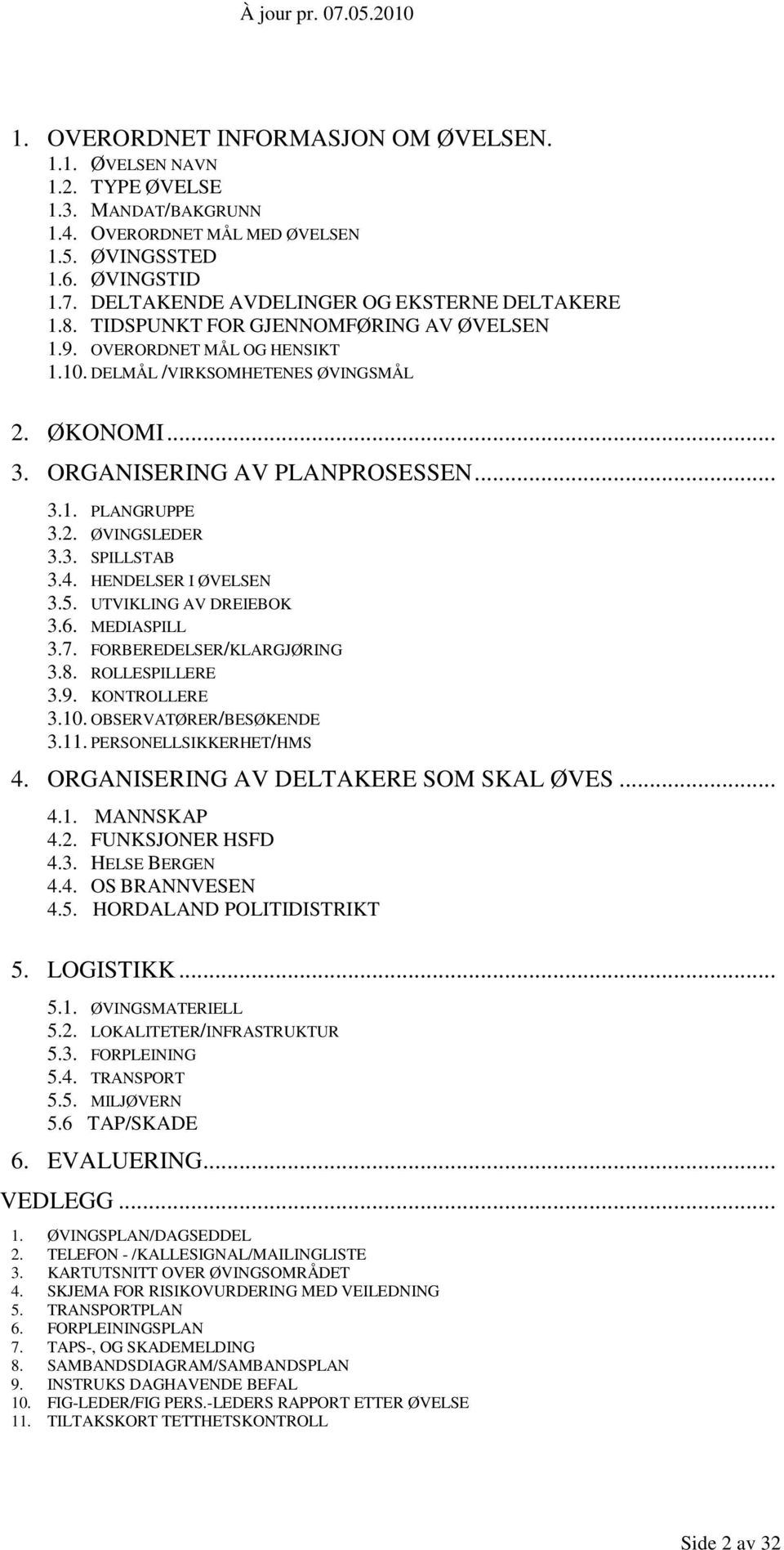 ORGANISERING AV PLANPROSESSEN... 3.1. PLANGRUPPE 3.2. ØVINGSLEDER 3.3. SPILLSTAB 3.4. HENDELSER I ØVELSEN 3.5. UTVIKLING AV DREIEBOK 3.6. MEDIASPILL 3.7. FORBEREDELSER/KLARGJØRING 3.8.