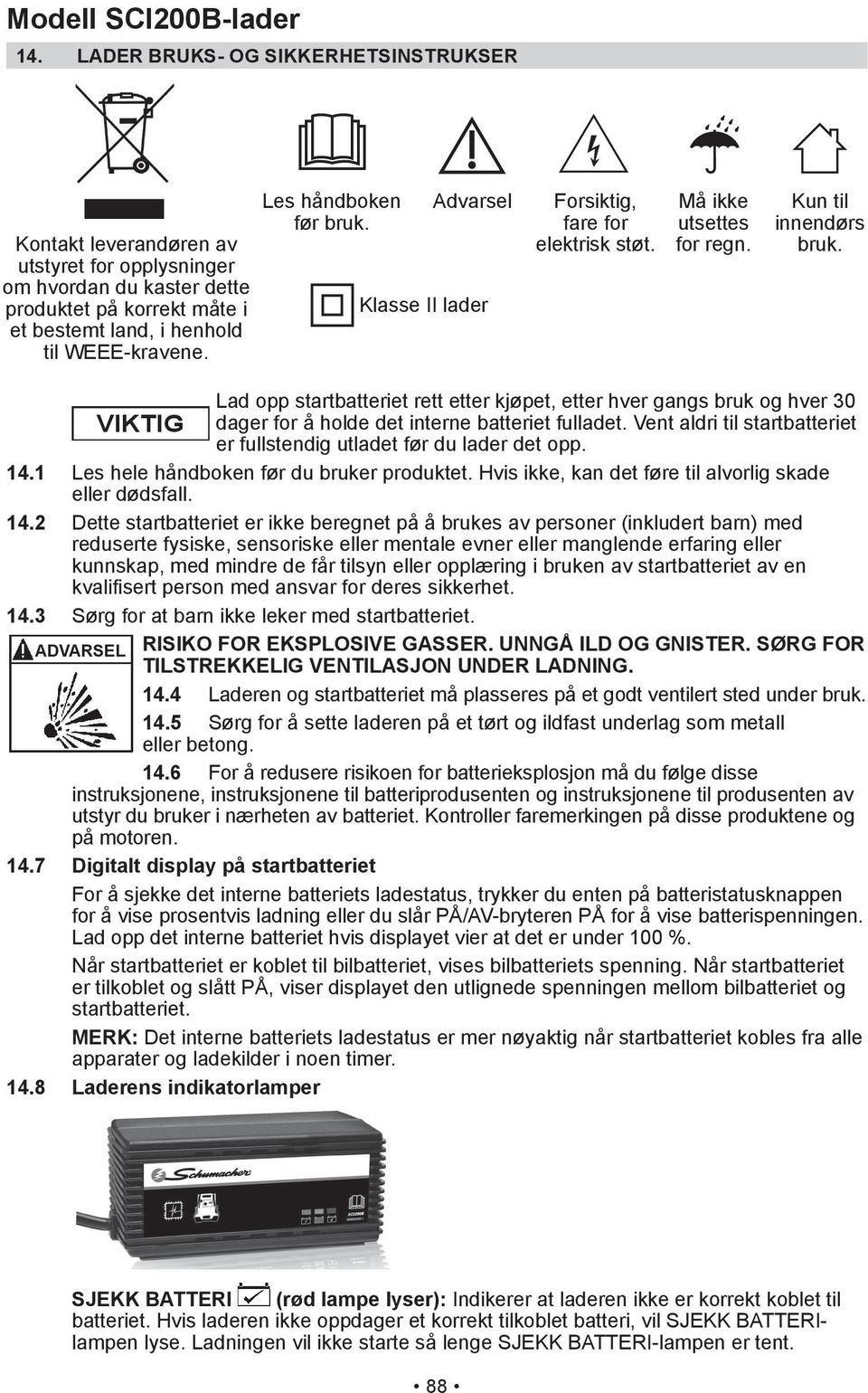 Les håndboken før bruk. Advarsel Klasse II lader Forsiktig, fare for elektrisk støt. Må ikke utsettes for regn. Kun til innendørs bruk.