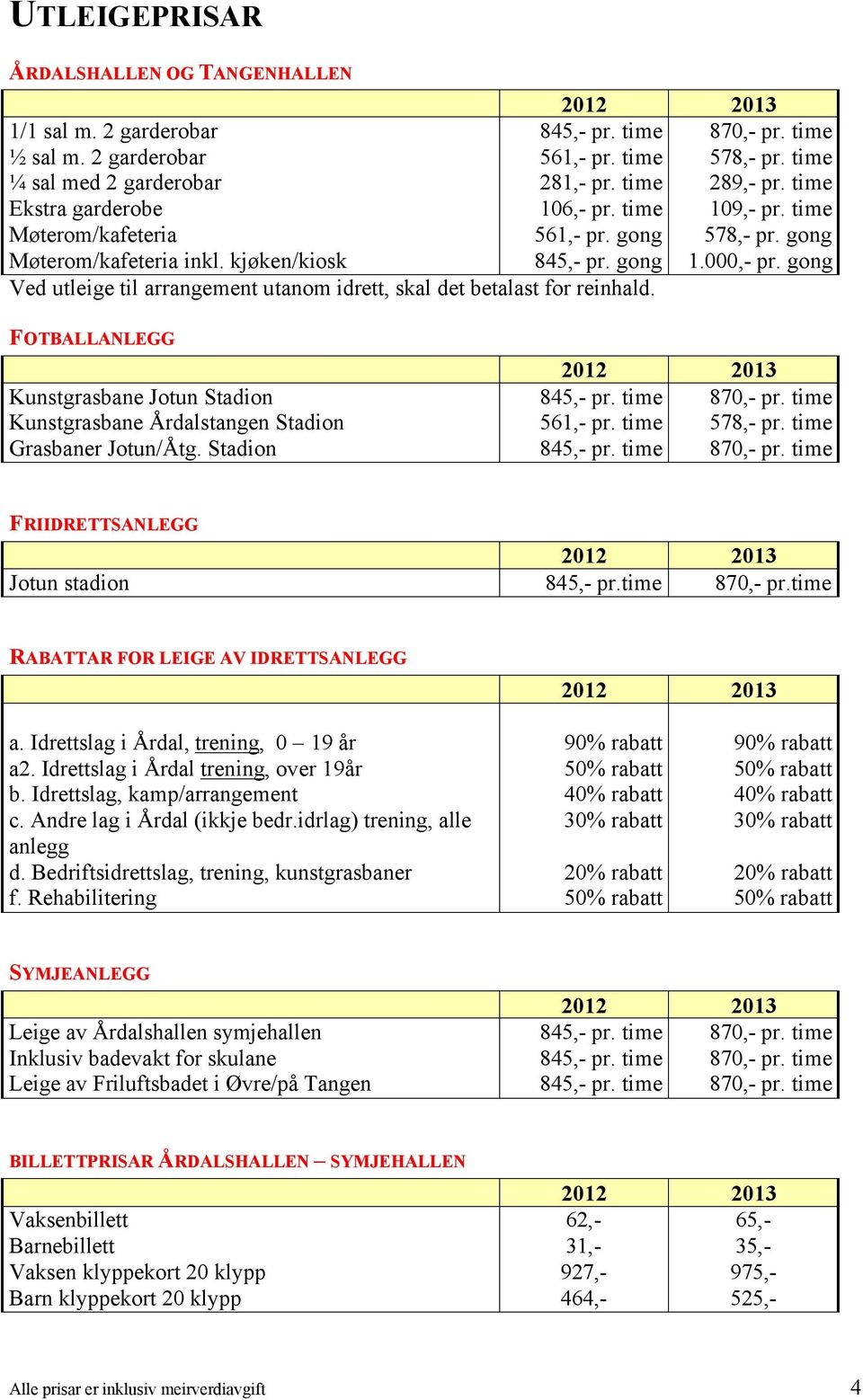 gong Ved utleige til arrangement utanom idrett, skal det betalast for reinhald. FOTBALLANLEGG Kunstgrasbane Jotun Stadion 845,- pr. time 870,- pr. time Kunstgrasbane Årdalstangen Stadion 561,- pr.