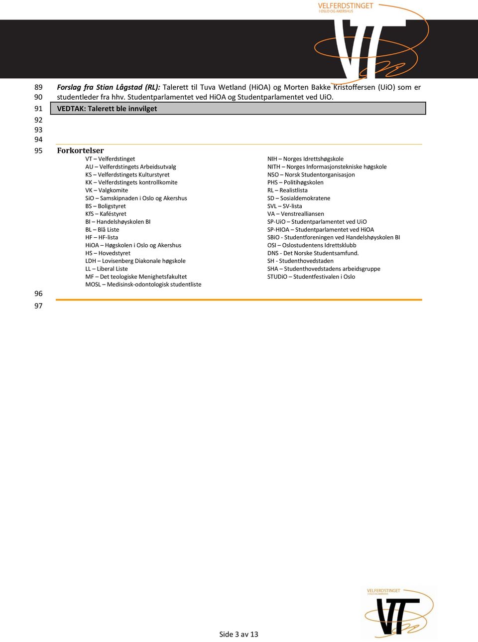 VEDTAK: Talerett ble innvilget Forkortelser VT Velferdstinget AU Velferdstingets Arbeidsutvalg KS Velferdstingets Kulturstyret KK Velferdstingets kontrollkomite VK Valgkomite SiO Samskipnaden i Oslo