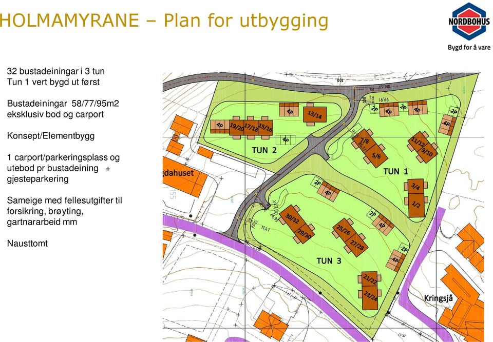 Konsept/Elementbygg 1 carport/parkeringsplass og utebod pr bustadeining +