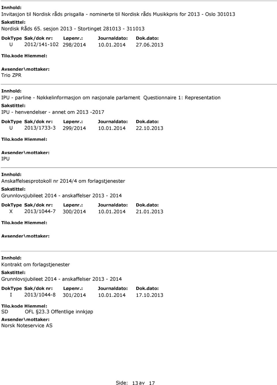 2013 P Anskaffelsesprotokoll nr 2014/4 om forlagstjenester Grunnlovsjubileet 2014 - anskaffelser 2013-2014 2013/1044-7 300/2014 21.01.2013 Kontrakt om forlagstjenester Grunnlovsjubileet 2014 - anskaffelser 2013-2014 Tilg.