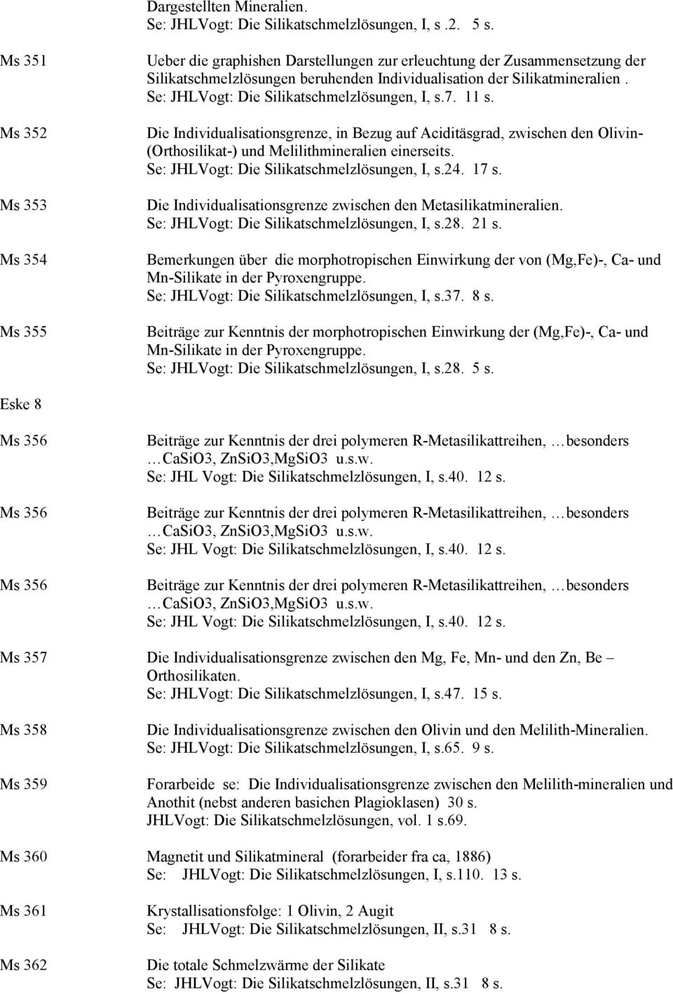 Se: JHLVogt: Die Silikatschmelzlösungen, I, s.7. 11 s. Die Individualisationsgrenze, in Bezug auf Aciditäsgrad, zwischen den Olivin- (Orthosilikat-) und Melilithmineralien einerseits.