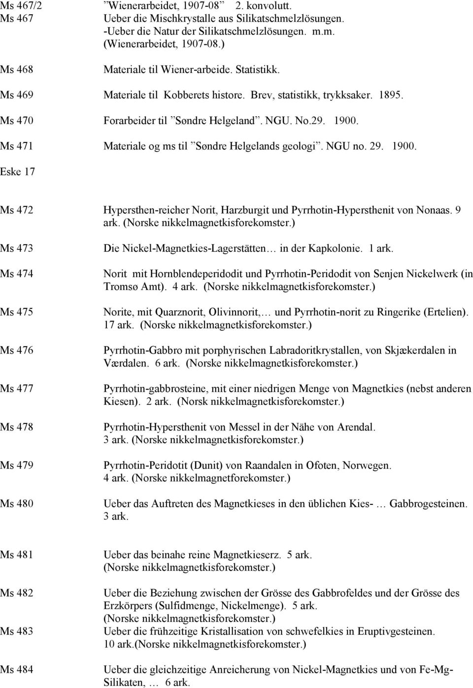 Ms 471 Materiale og ms til Søndre Helgelands geologi. NGU no. 29. 1900. Eske 17 Ms 472 Hypersthen-reicher Norit, Harzburgit und Pyrrhotin-Hypersthenit von Nonaas. 9 ark.