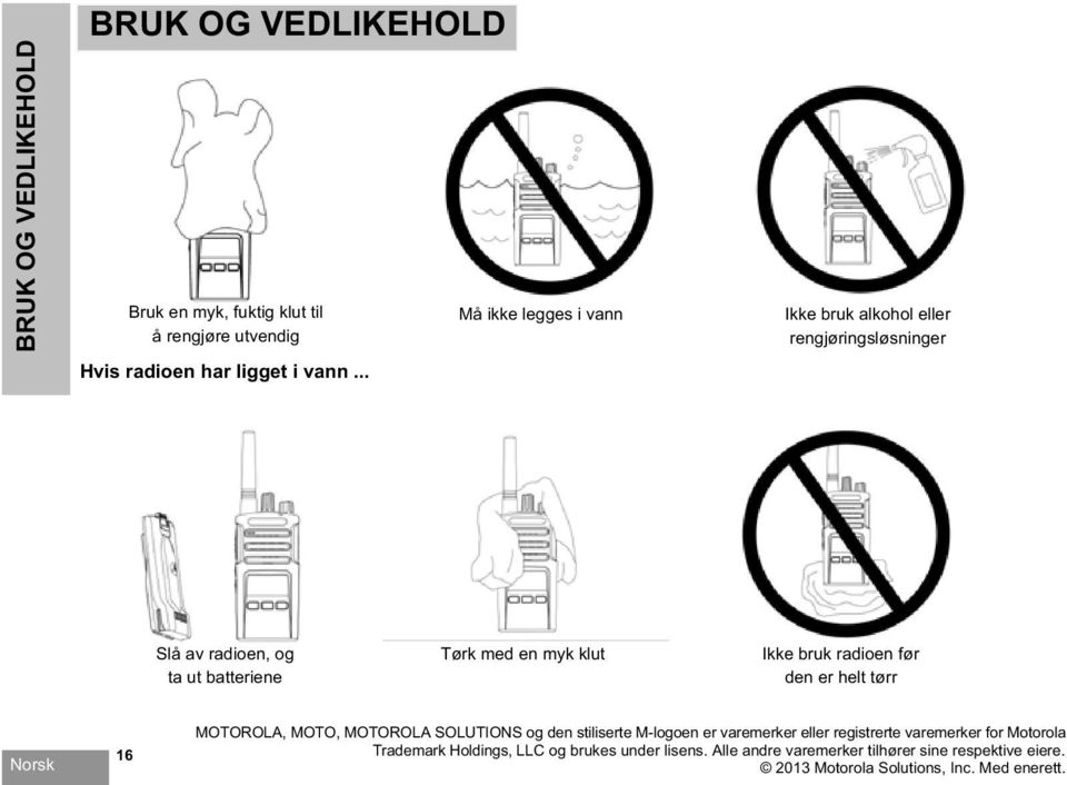 radioen før den er helt tørr 16 MOTOROLA, MOTO, MOTOROLA SOLUTIONS og den stiliserte M-logoen er varemerker eller registrerte varemerker