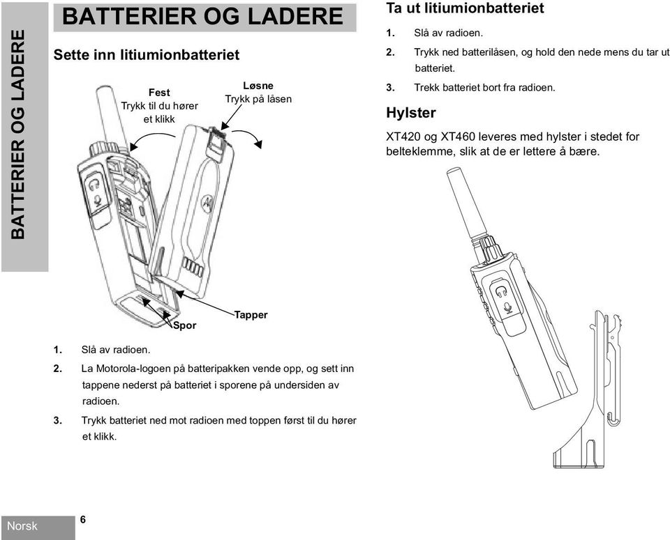 Hylster XT420 og XT460 leveres med hylster i stedet for belteklemme, slik at de er lettere å bære. Spor Tapper 1. Slå av radioen. 2.