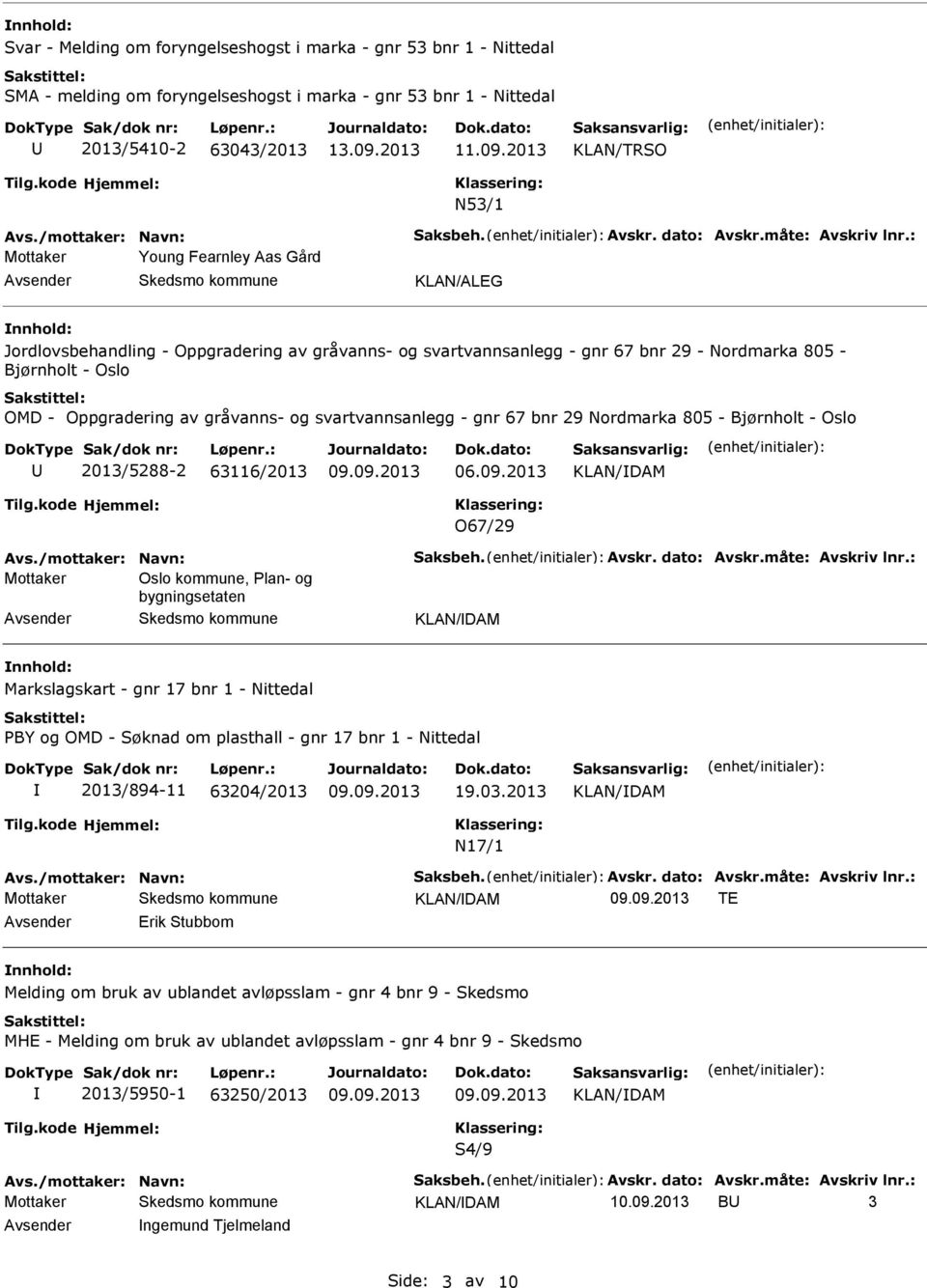 : Mottaker Young Fearnley Aas Gård KLAN/ALEG Jordlovsbehandling - Oppgradering av gråvanns- og svartvannsanlegg - gnr 67 bnr 29 - Nordmarka 805 - Bjørnholt - Oslo OMD - Oppgradering av gråvanns- og